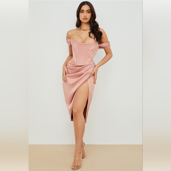 House of CB Dresses & Skirts - NWT House of CB LORETTA BLUSH PINK SATIN OFF SHOULDER Corset DRESS XS